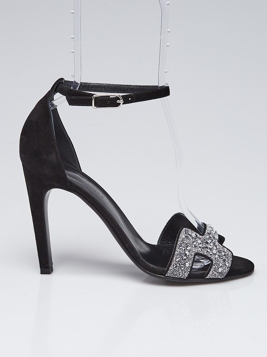 Hermes Silver/Black Beaded Suede Open Toe H Strap Pumps Size Hermes Silver/Black Beaded Suede Open Toe H Strap Pumps Size