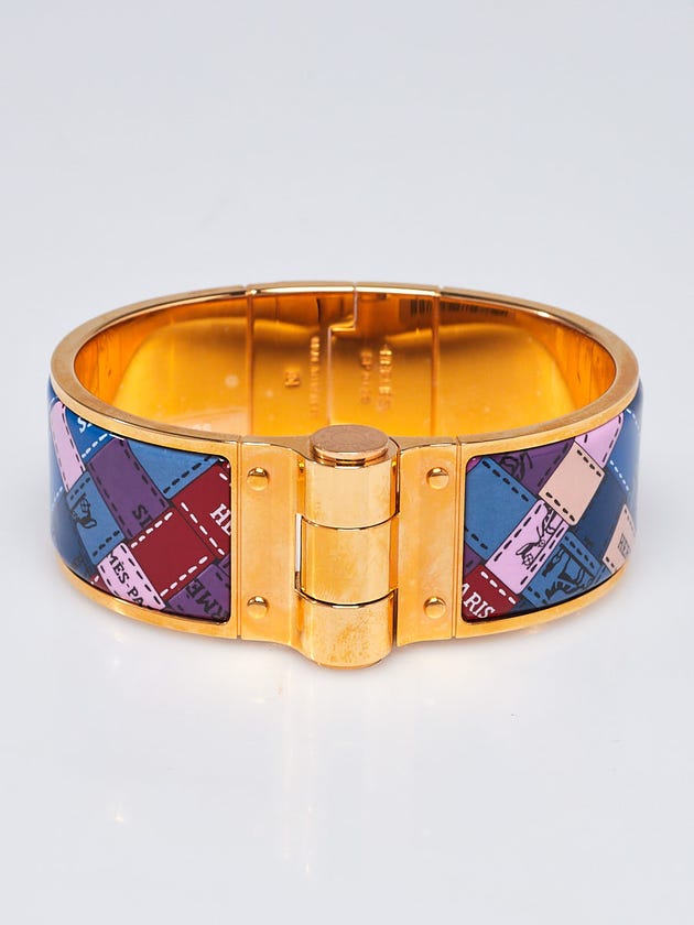 Hermes Surnaturel Bolduc au Carre Enamel Print Gold Plated Charniere Wide Bracelet Size L