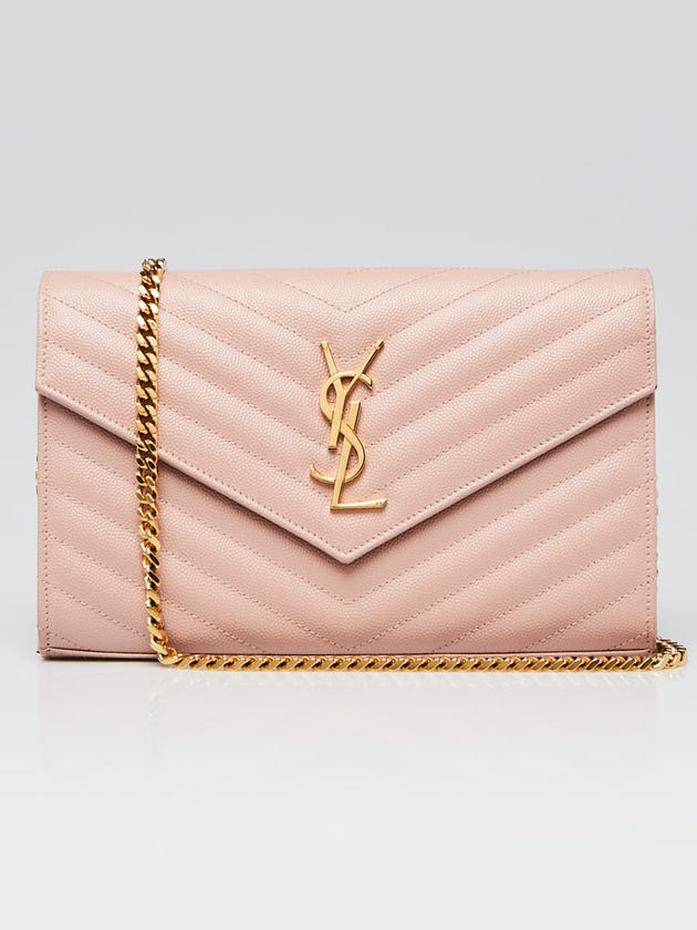 Yves Saint Laurent Pink Chevron Quilted Grained Leather Metalasse Wallet on Chain Bag