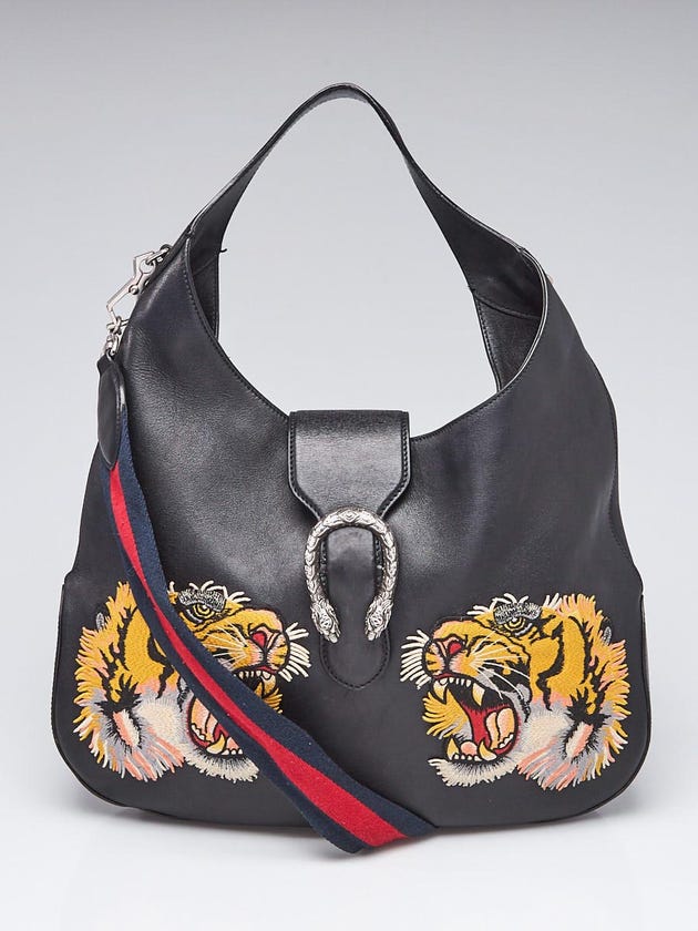Gucci Black Leather Embroidered Tiger Head Large Dionysus Hobo Bag