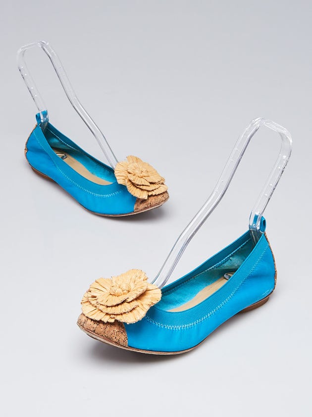 Chanel Blue Leather and Raffia Camellia Cap Toe Elastic Ballet Flats Size 9/39.5
