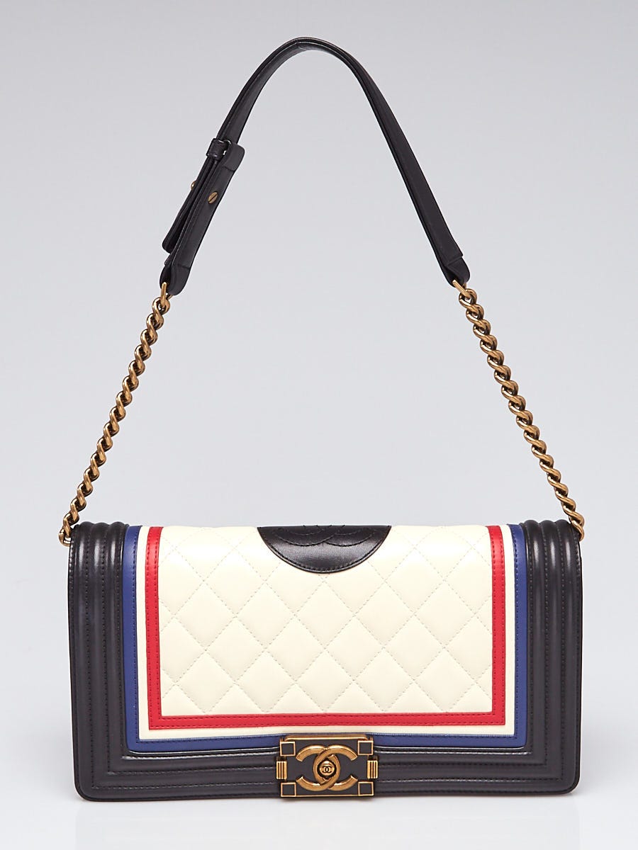 Chanel Black/White/Red/Blue Quilted Lambskin Leather East/West Crest Boy Bag  - Yoogi's Closet