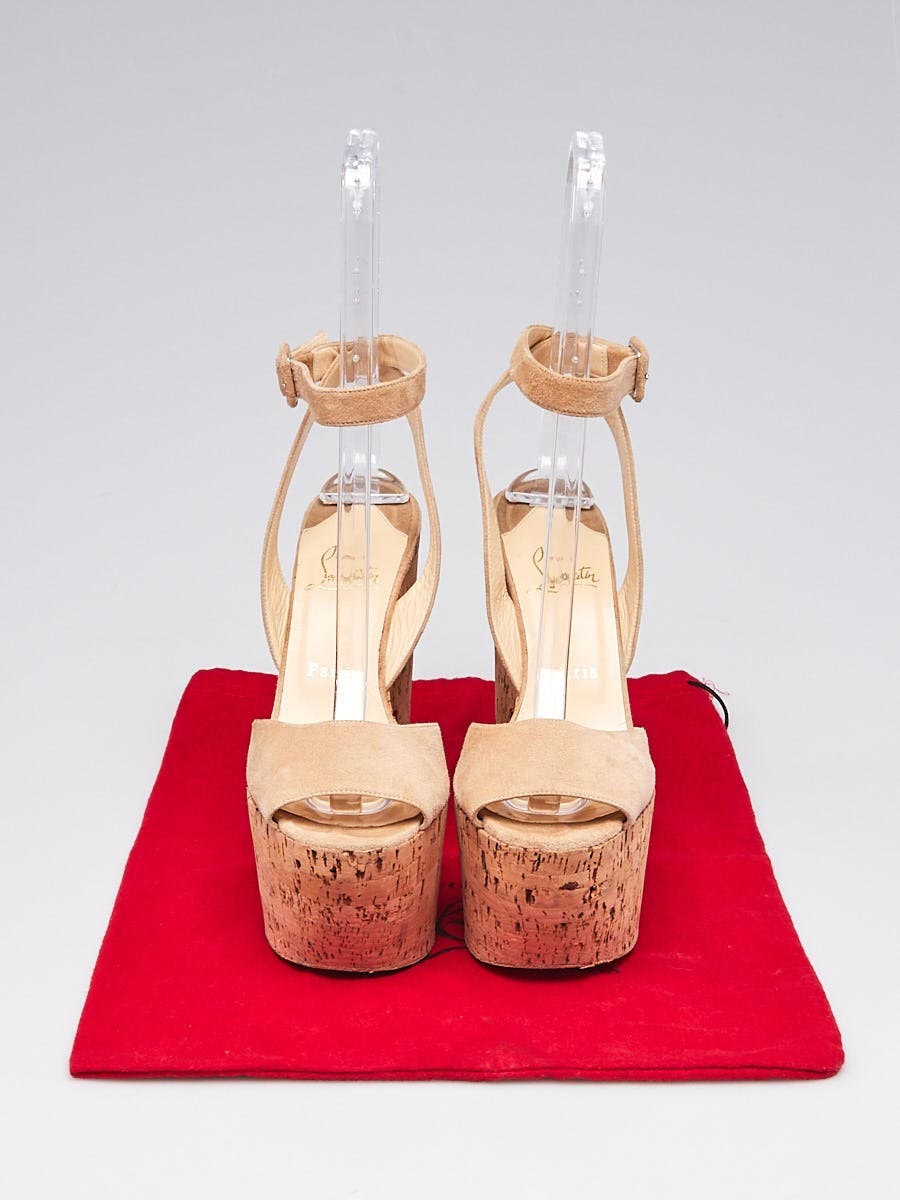 Christian Louboutin Beige Suede and Cork Platform Peep Toe