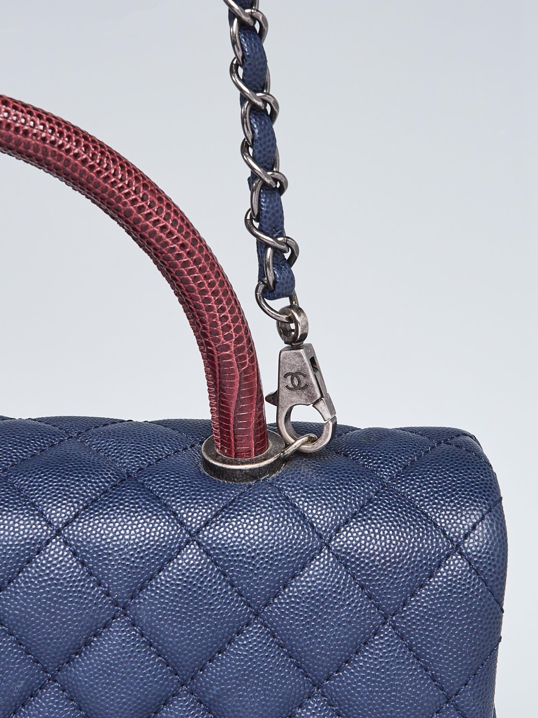 Chanel Navy Blue Quilted Caviar Leather Small Lizard Handle Coco