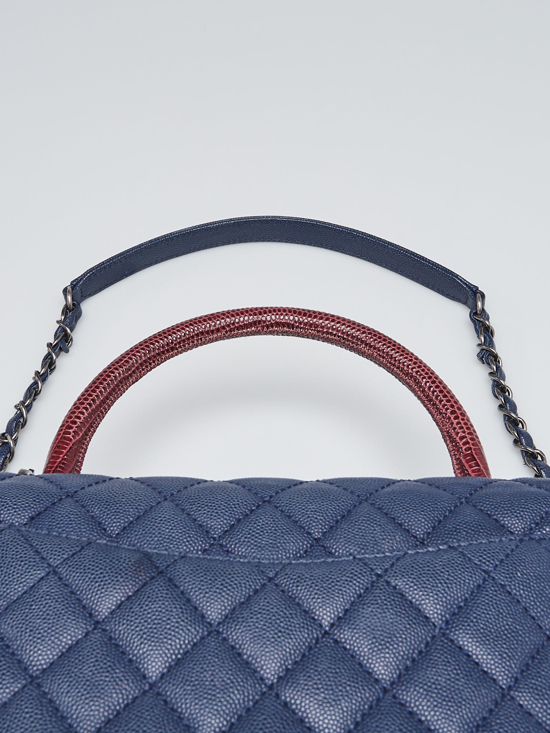 Chanel Navy Blue Quilted Caviar Leather Small Lizard Handle Coco