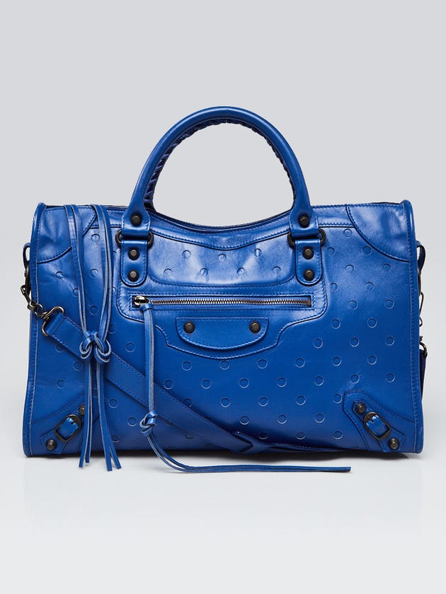 Balenciaga Electric Blue Perforated Lambskin Leather Motorcycle City Bag