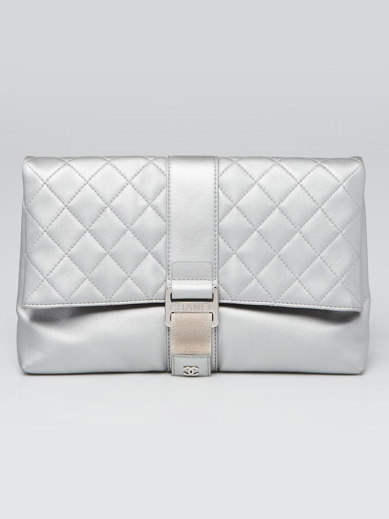 Chanel Silver Quilted Lambskin Leather Grip Clutch Bag - Yoogi's Closet