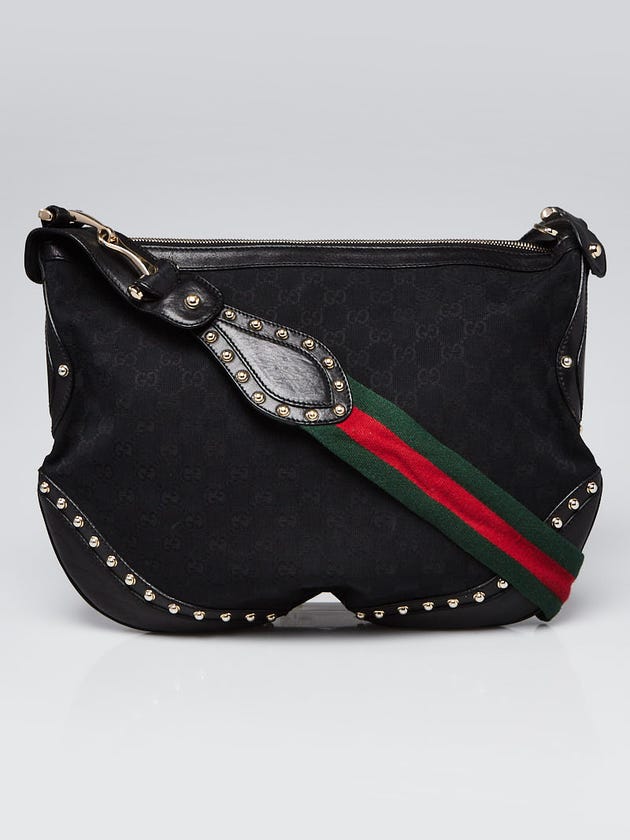 Gucci Black GG Canvas Vintage Web Medium Studded Pelham Shoulder Bag
