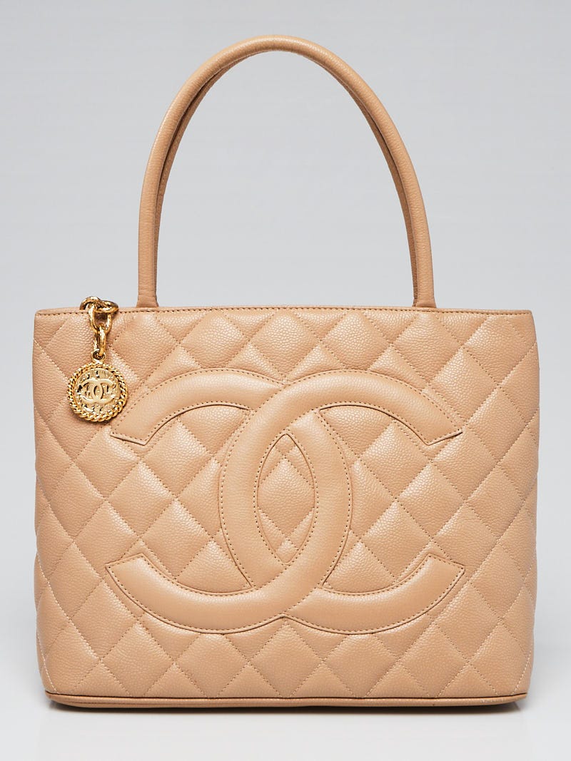 Chanel Beige Quilted Caviar Leather Medallion Tote Bag - Yoogi's Closet