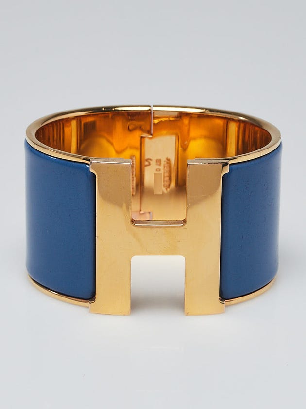 Hermes Bleu Turquin Enamel Gold Plated Clic-Clac H PM Extra Wide Bracelet