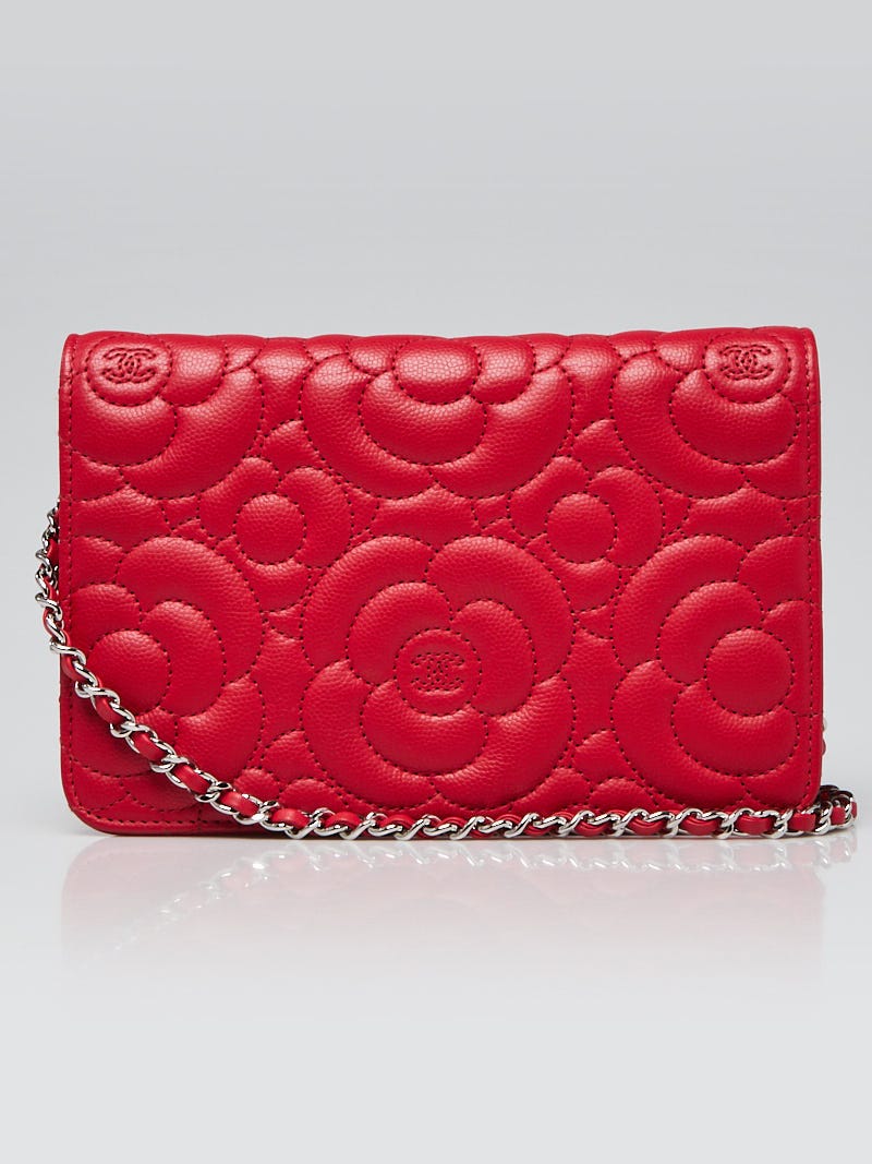Chanel Red Camellia Embroidered Caviar Leather WOC Clutch Bag