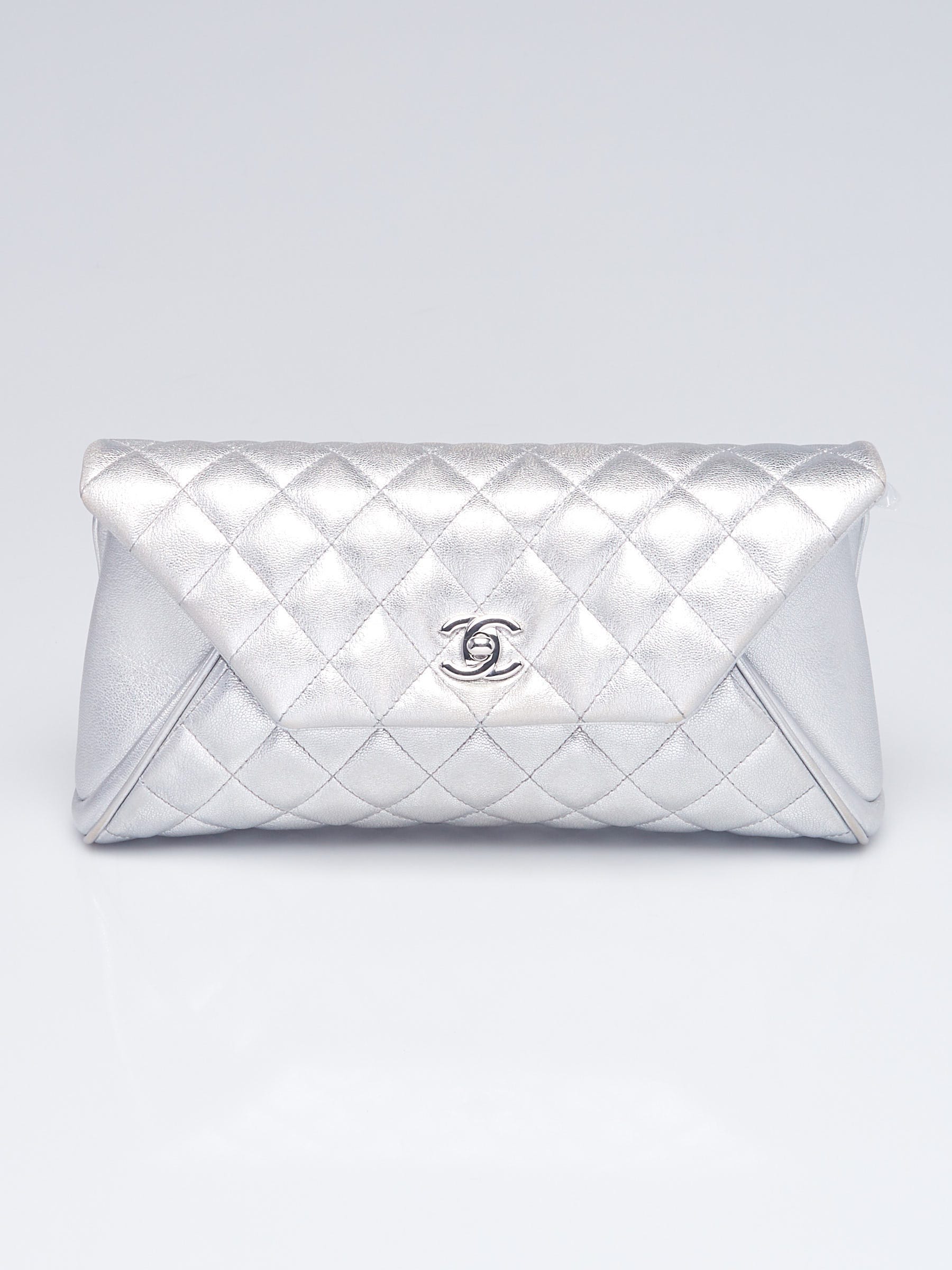 Chanel Silver Quilted Lambskin Leather Fold Up Again Clutch Bag
