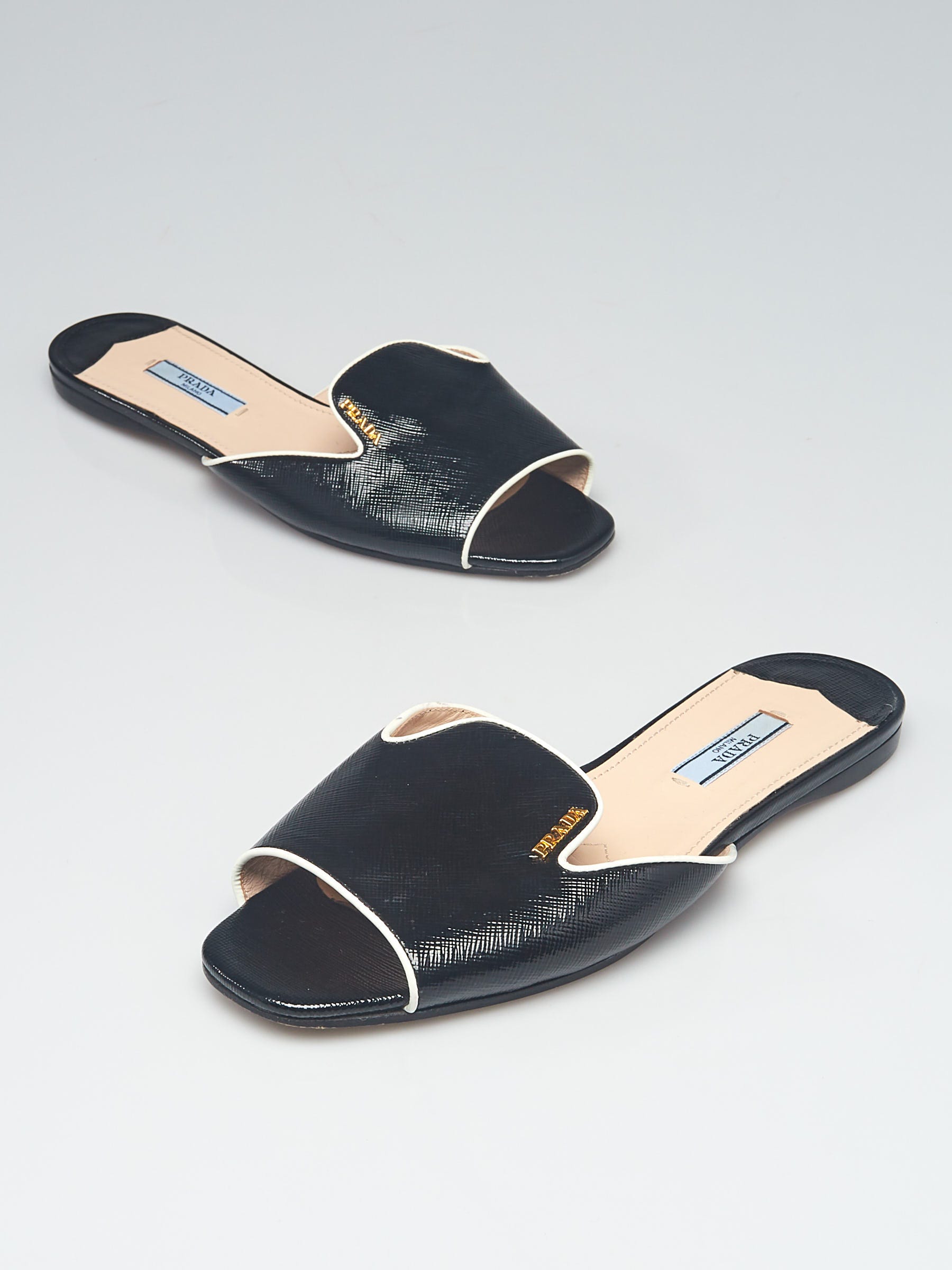 Prada Black Patent Saffiano Leather Open Toe Slide Flats Size /38 -  Yoogi's Closet
