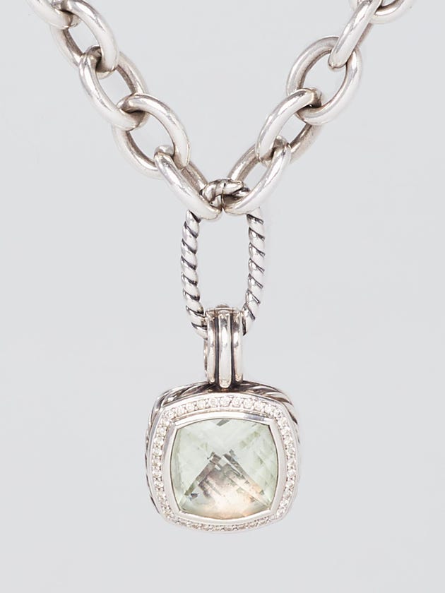 David Yurman Sterling Silver Figaro Chain and 14mm Prasiolite and Diamond Enhancer Pendant Necklace
