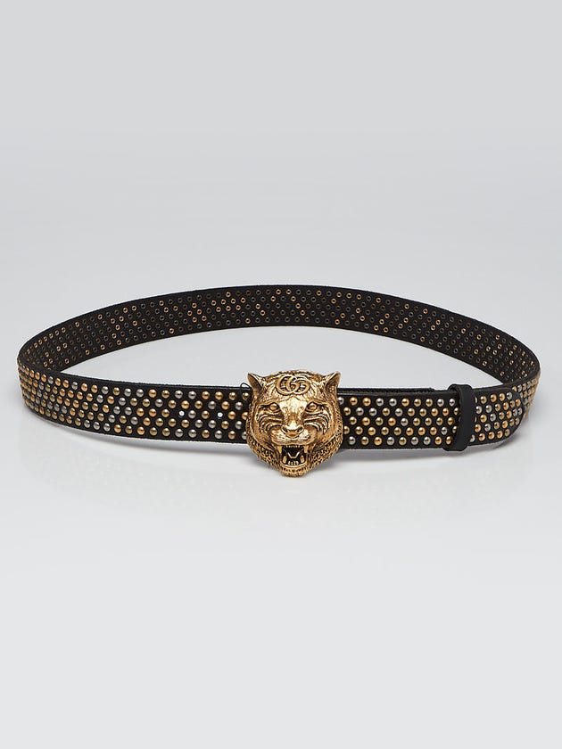 Gucci Black Leather Studded Tiger Head Buckle Belt Size 105/42