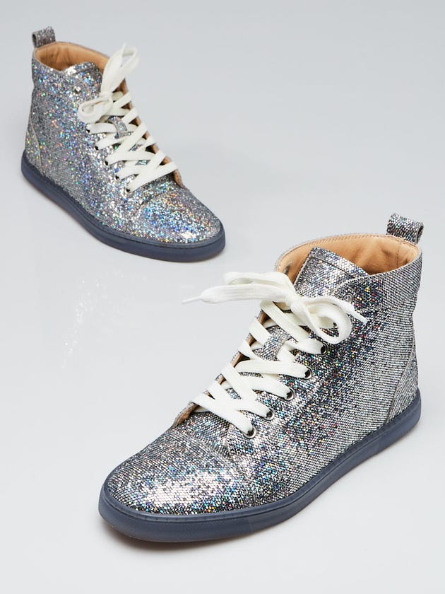 Christian Louboutin Silver Glitter Leather Disco Ball Bip Bip High Top Sneakers Size 6.5/37