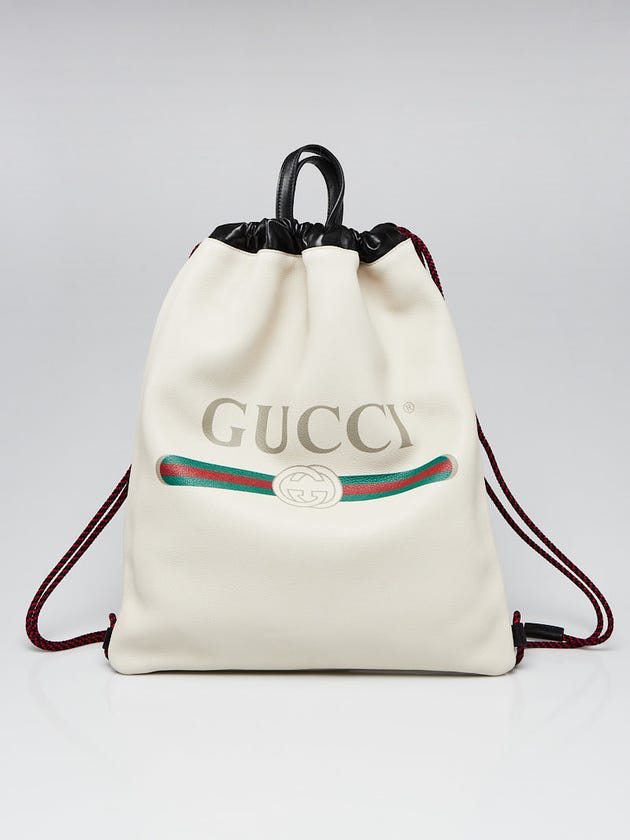 Gucci White/Black Leather Printed Drawstring Backpack
