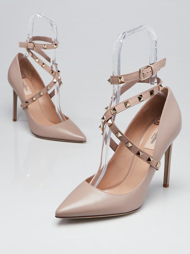 Valentino Beige Smooth Leather Rockstud Ankle Wrap Pumps Size 10.5/41