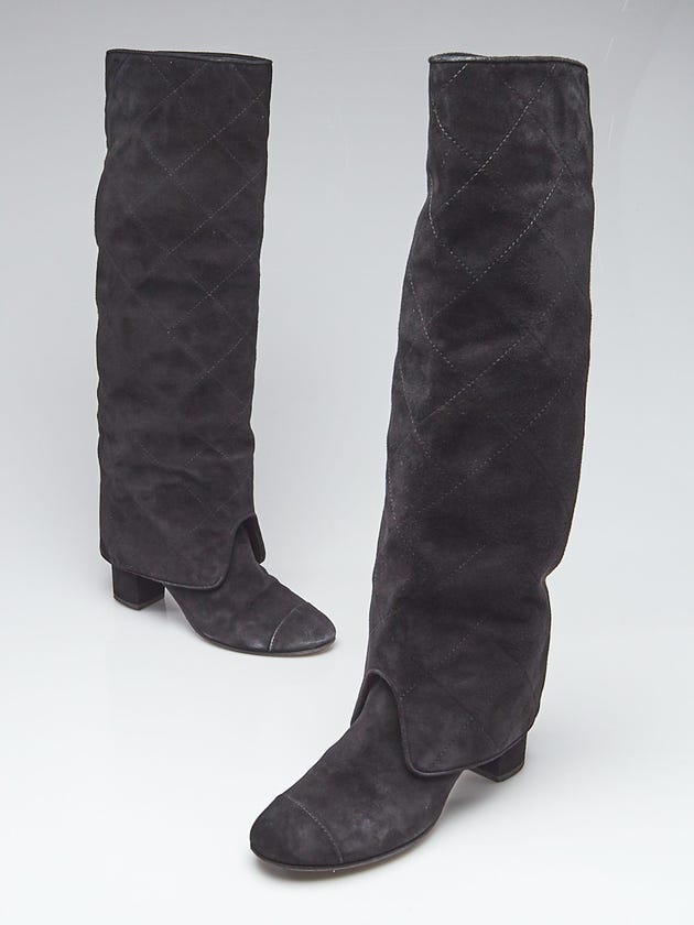 Chanel Black Quilted Suede Knee High Boots Size 9.5/40