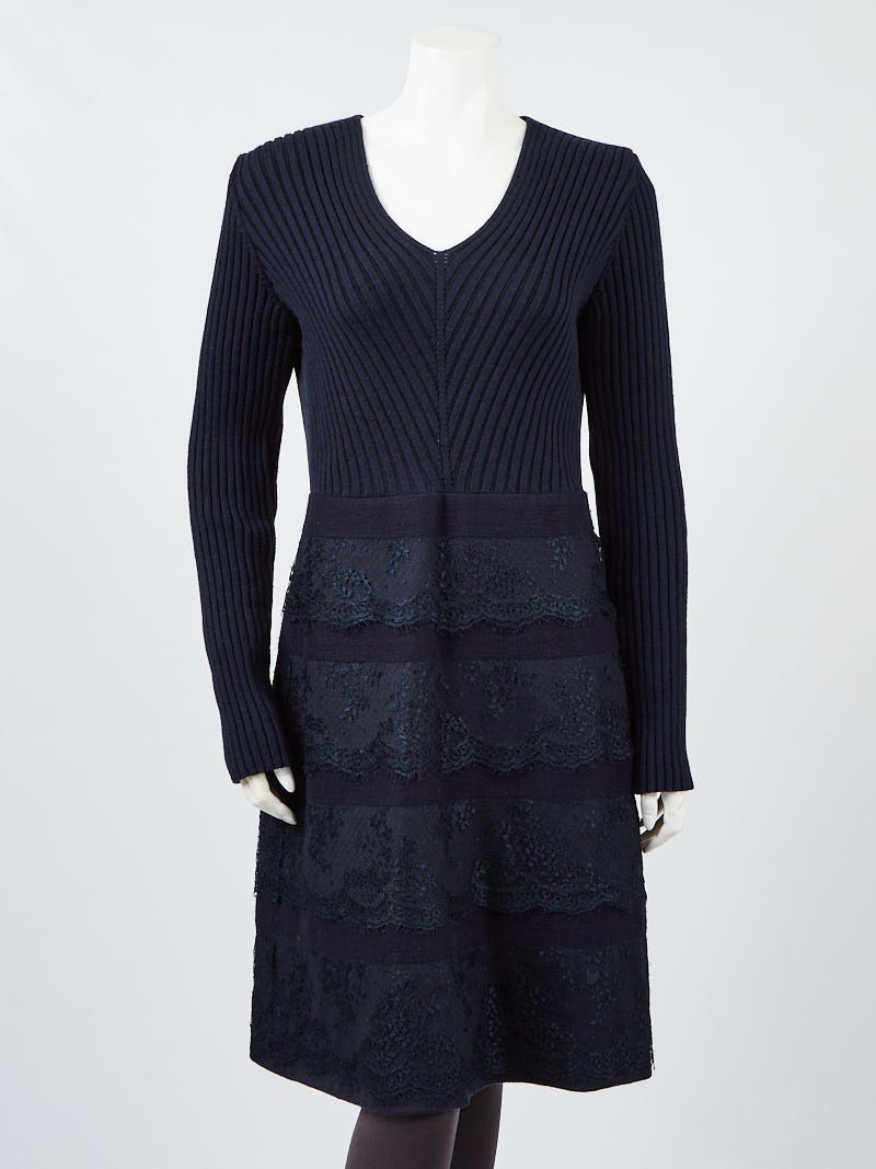 Valentino Blue Wool/Lace Sleeve Ribbed Dress 8/42 - Yoogi's Closet