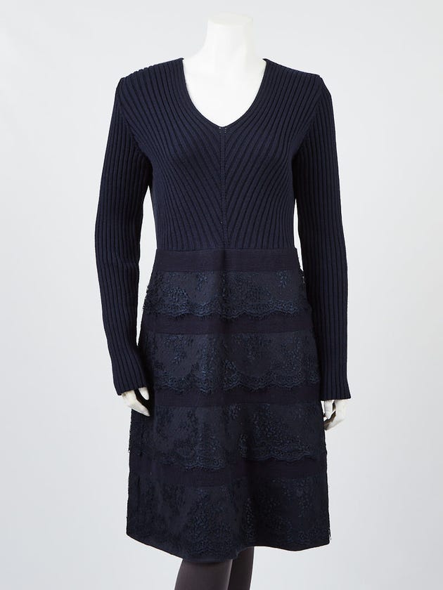 Valentino Navy Blue Wool/Lace Long Sleeve Ribbed Dress Size 8/42