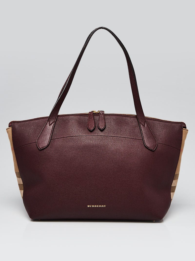 Burberry Mahogany Red Derby Leather/House Check Canvas Medium Welburn Tote  Bag - Yoogi's Closet