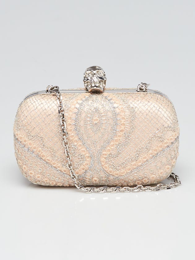 Alexander McQueen Pink Satin Silver Lace Skull Box Clutch Bag