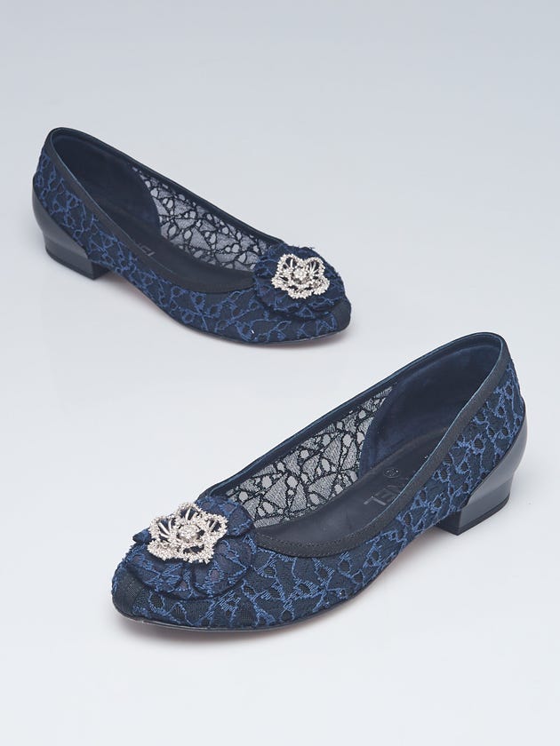 Chanel Blue/Black Floral Lace and Crystal Camellia Flats Size 7/37.5