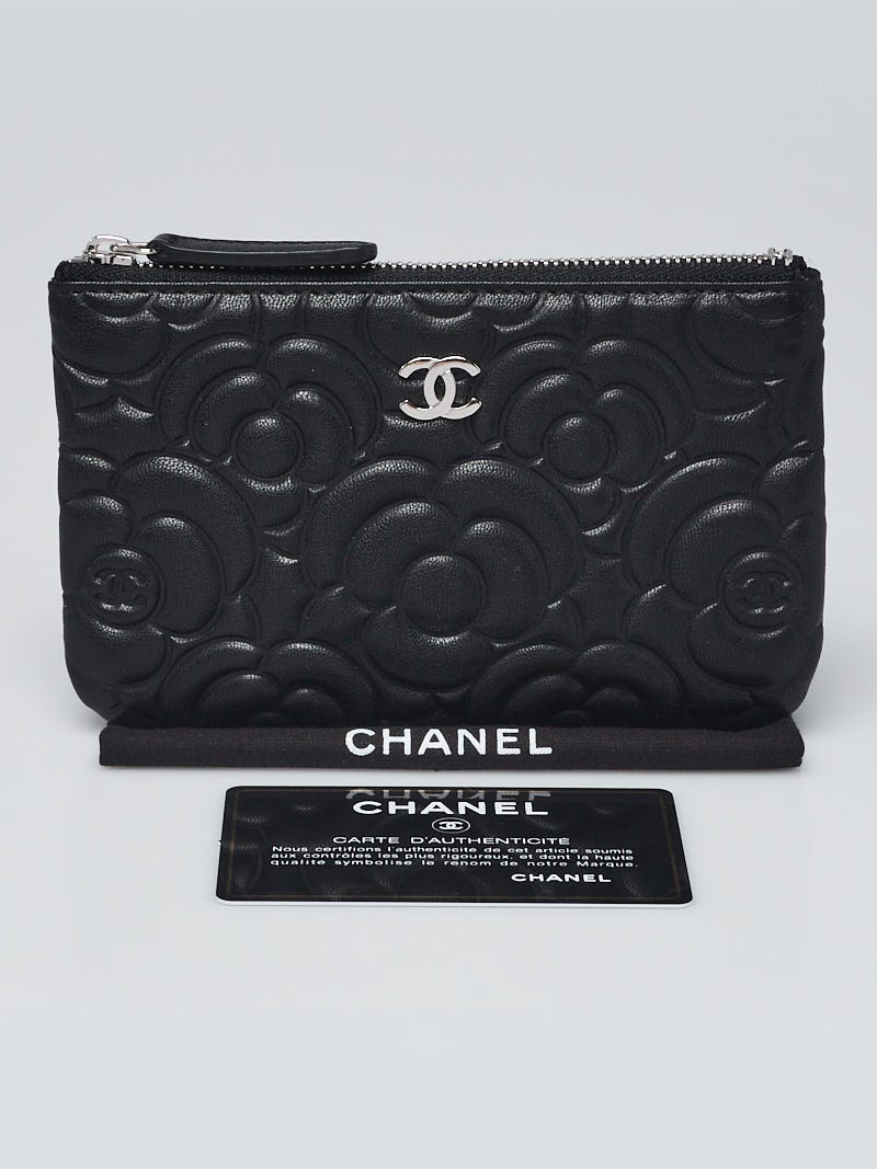CHANEL レザーケース Chanel Black Camellia Embossed Lambskin Leather Small O-Case Zip
