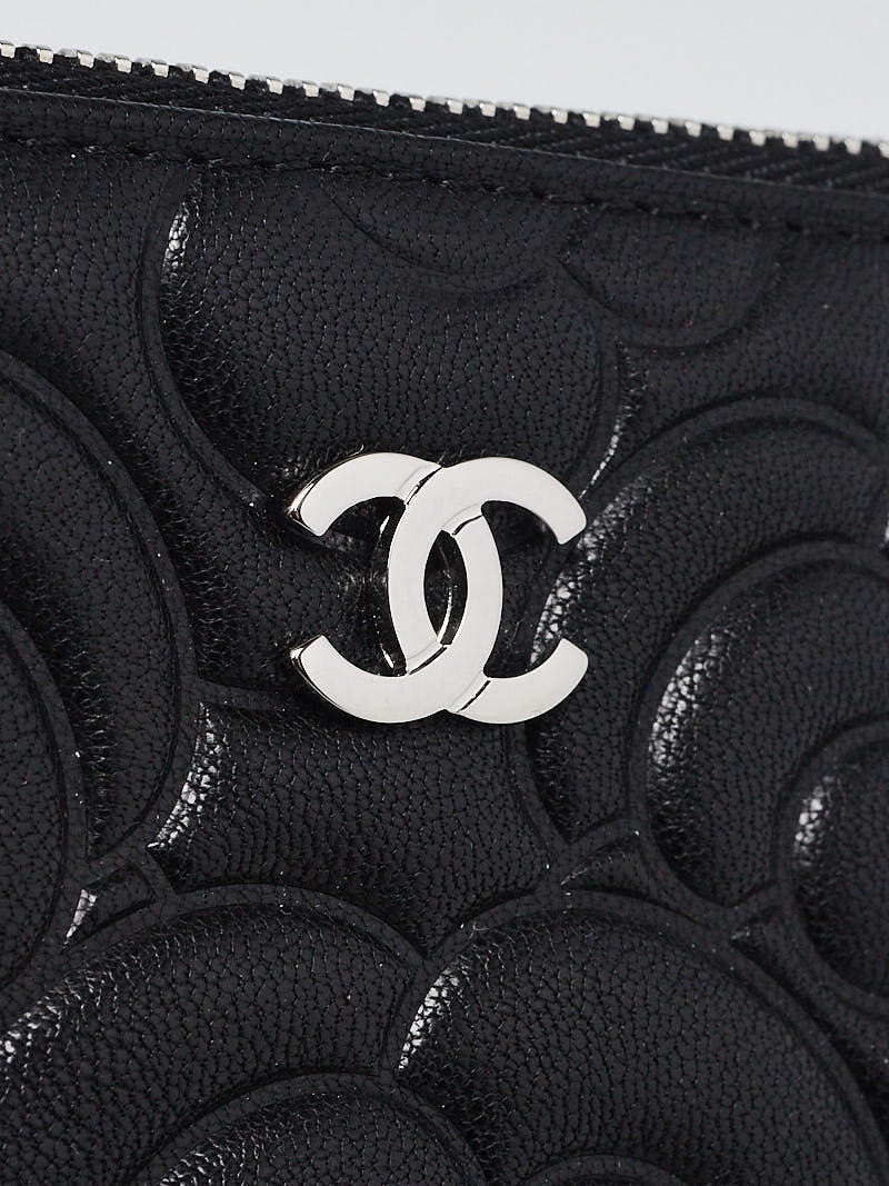 Chanel Black Camellia Embossed Lambskin Leather Small O-Case Zip