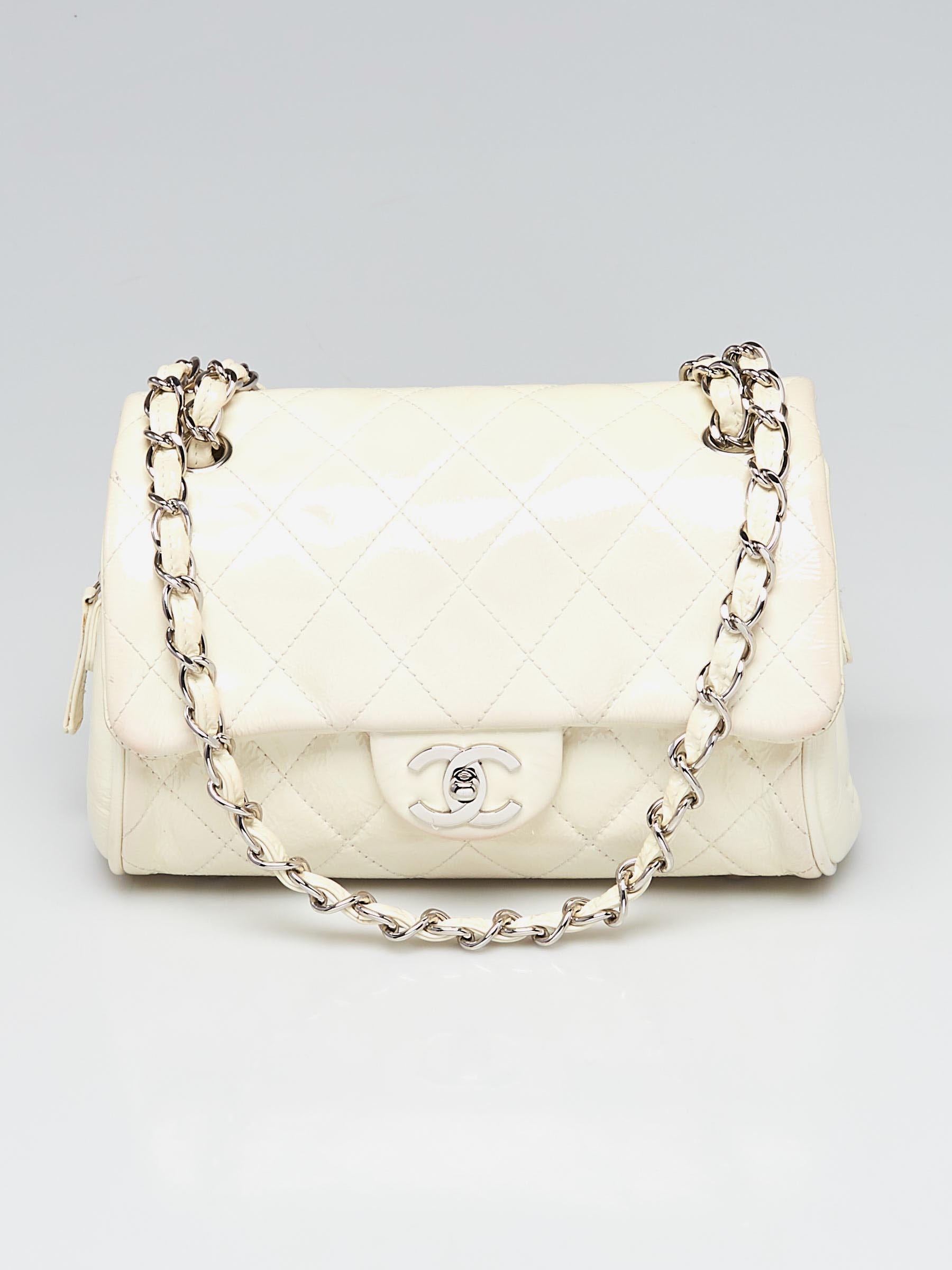Chanel White Quilted Patent Leather CC Flap Shoulder Bag - Yoogi's Closet