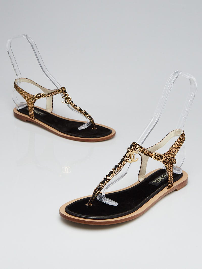 Chanel Gold/Black Chevre Leather and Velvet Chain T-Strap Thong Sandals Size  11.5/42 - Yoogi's Closet
