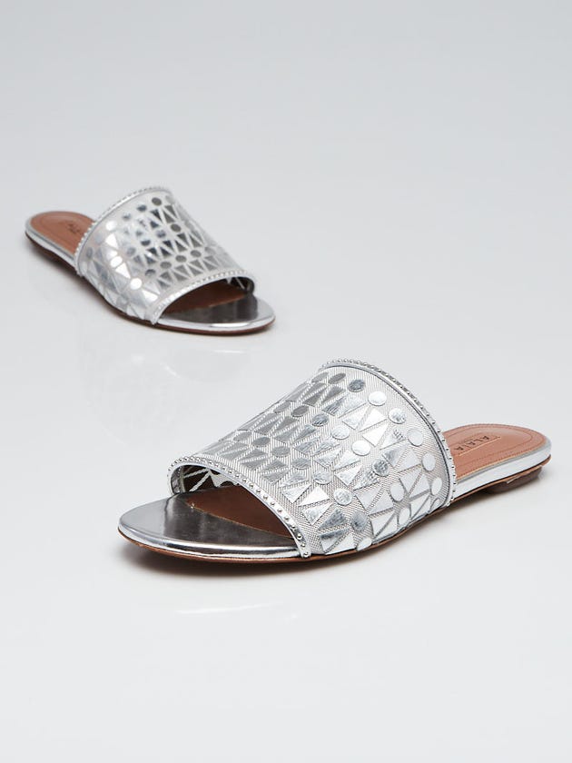 Alaïa Silver Leather/Mesh Slide Sandals Size 6/36.5