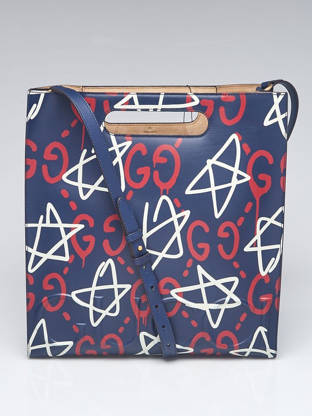Gucci Blue Multicolor GucciGhost Calfskin Print Leather Two-Way Medium XL Tote Bag