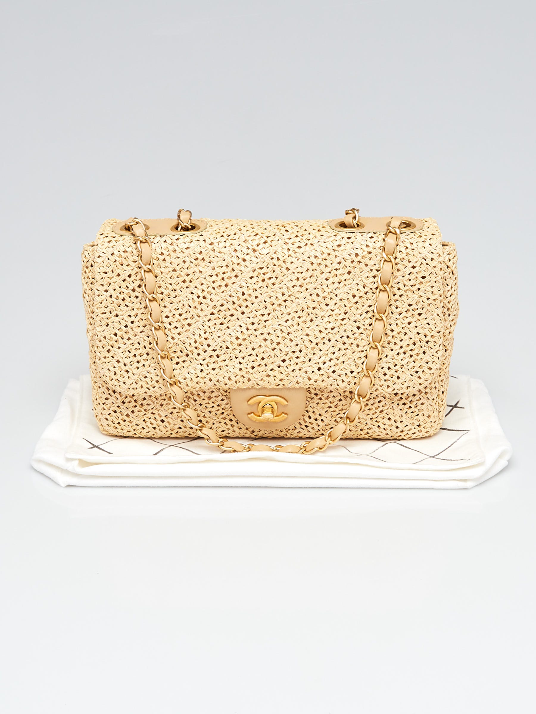 Chanel Beige Crochet Raffia Medium Flap Bag - Yoogi's Closet