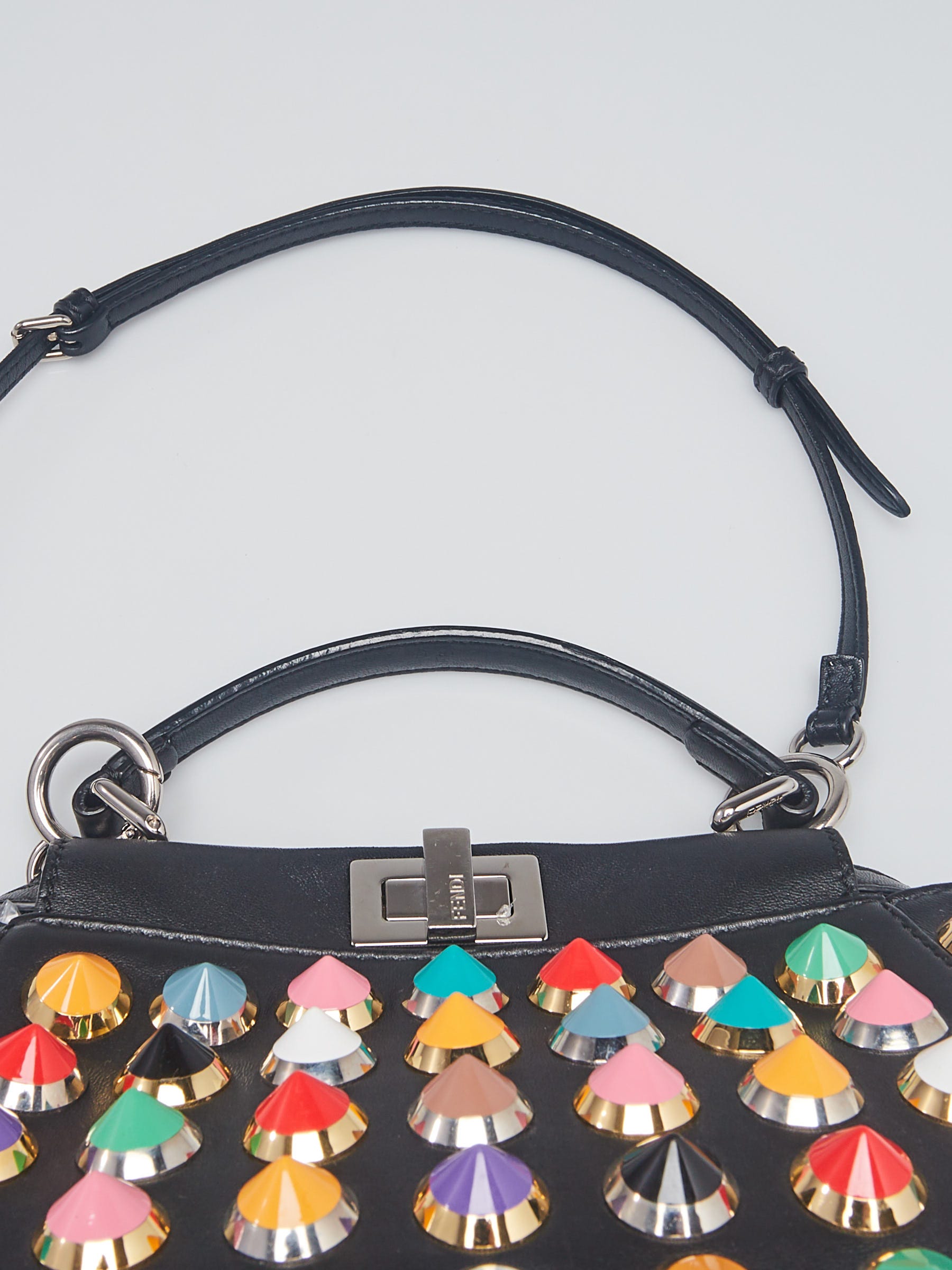 Fendi Black Leather Multicolor Stud Mini Peekaboo Satchel