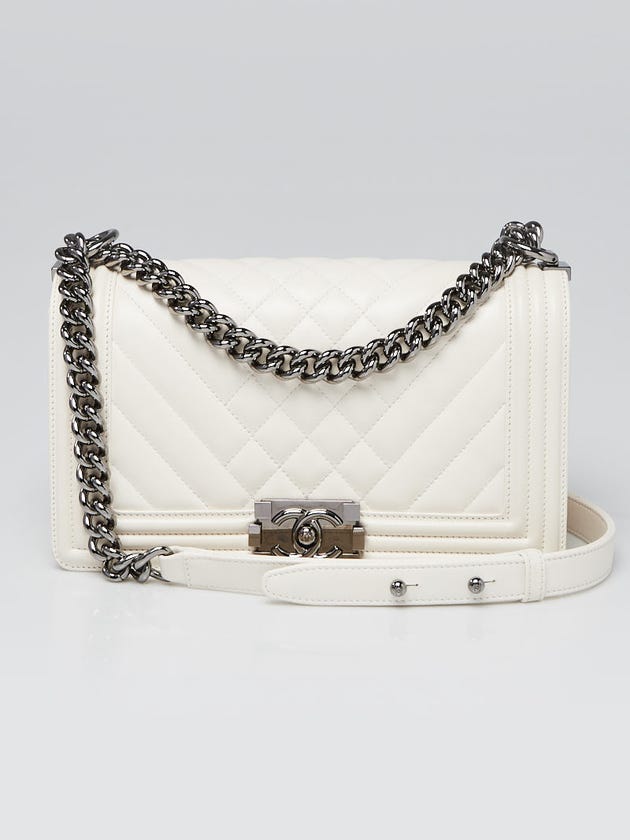 Chanel White Quilted Calfskin Leather Medium Boy Bag