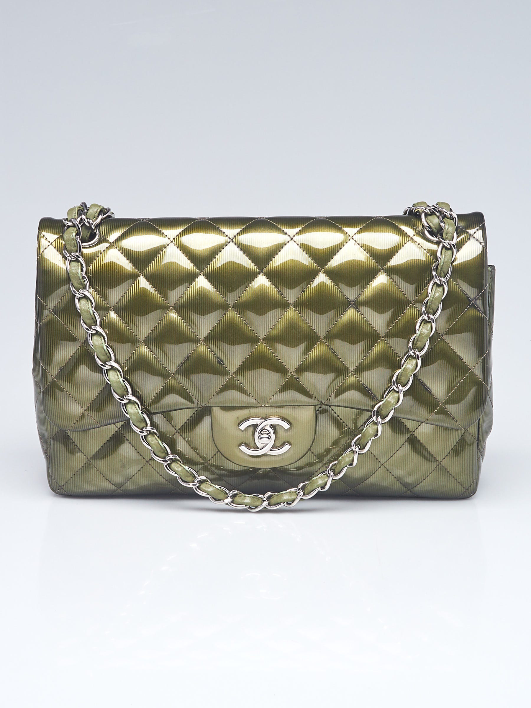 Chanel Green Striated Quilted Patent Leather Classic Jumbo Double Flap Bag  - Yoogi's Closet