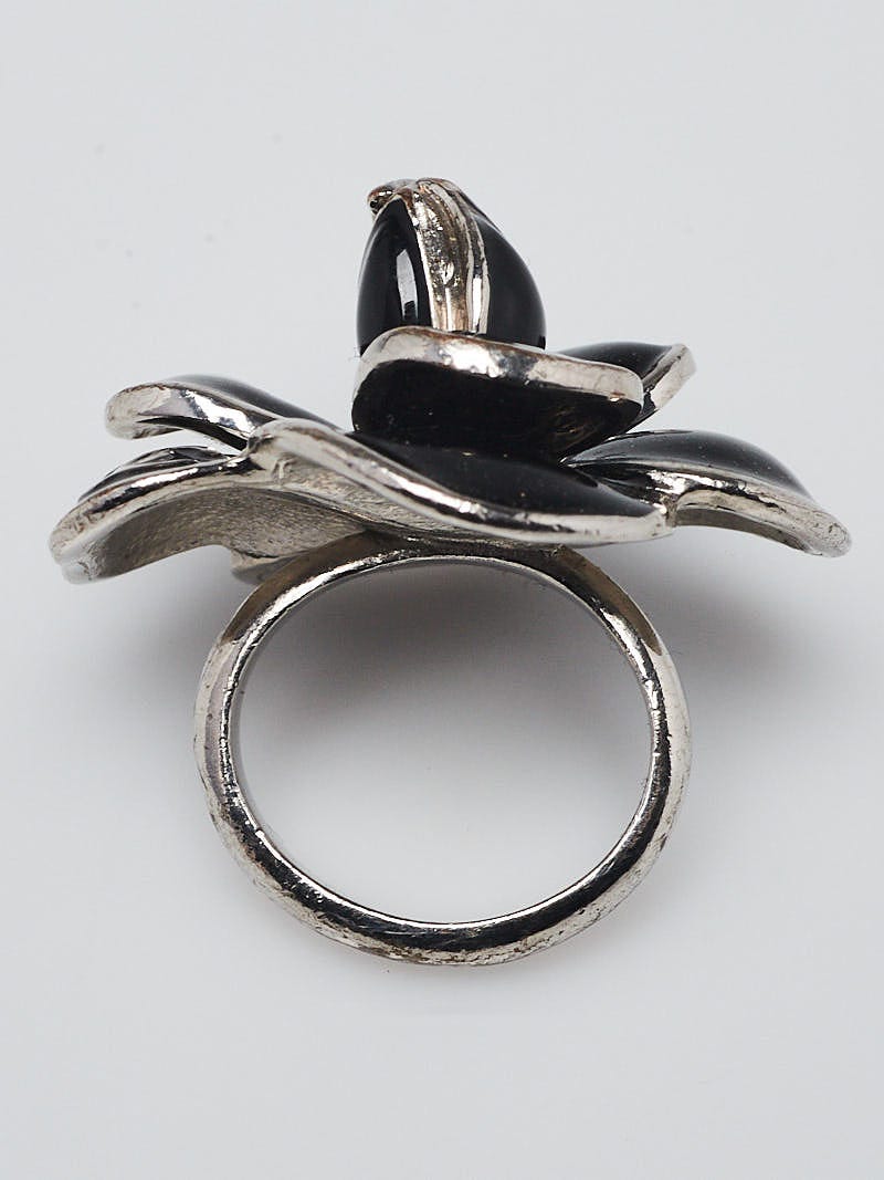 Chanel Black/Silver Enamel Camellia Flower Cocktail Ring Size 6.5
