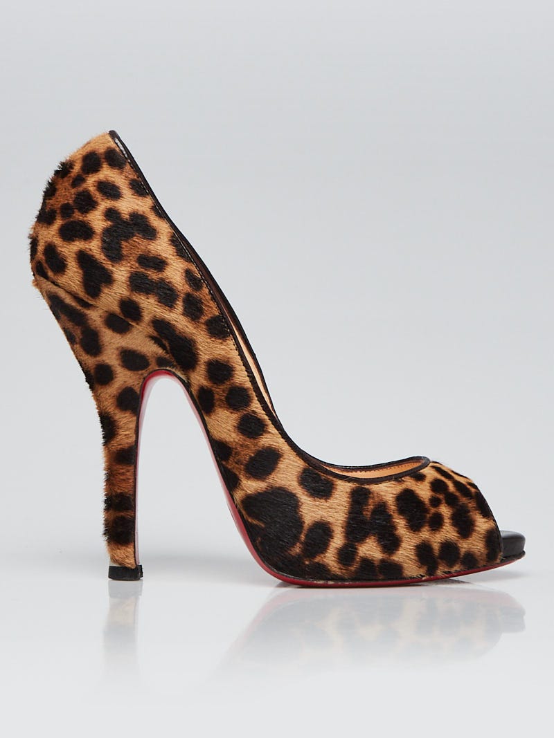 Christian Louboutin Brown Leopard Print Calf Hair Highness Peep Toe  Platform Pumps Size 38 Christian Louboutin