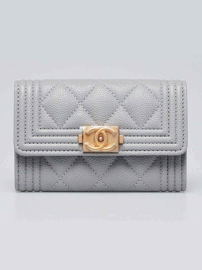 Chanel Grey Quilted Caviar Leather Boy O-Card Holder Wallet