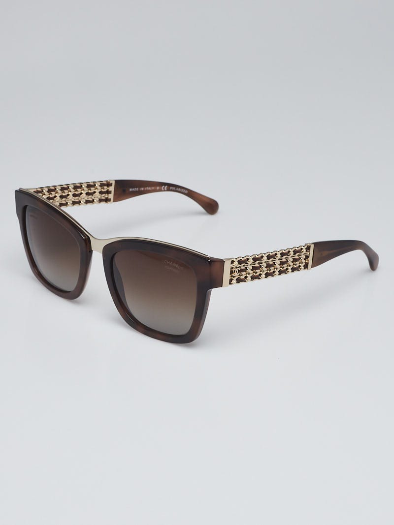 Chanel Brown Tortoise Print Square Frame Chain Sunglasses-5362