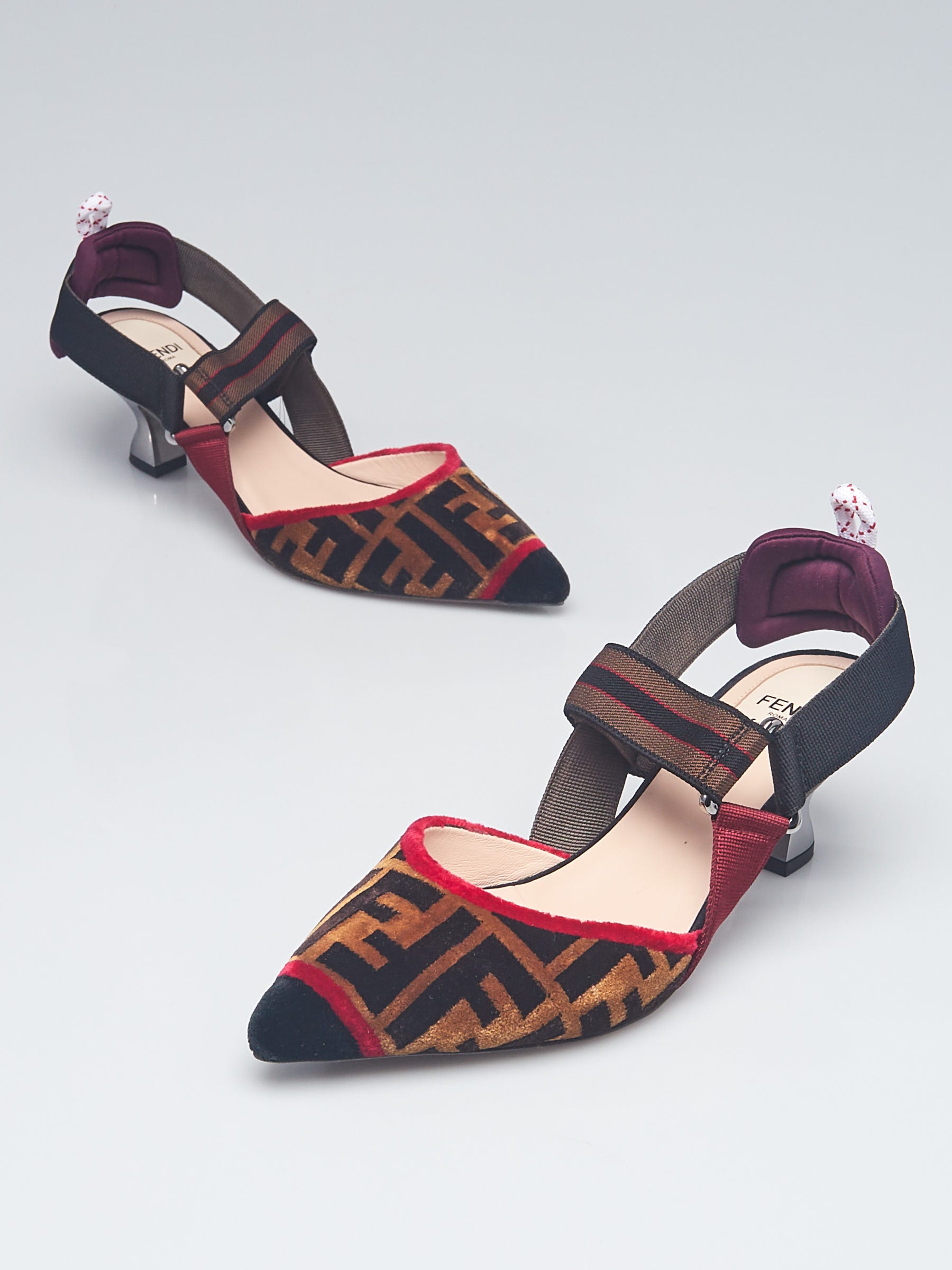 Fendi Brown Logo Velvet Colibri Slingback Pumps Size 5.5/36