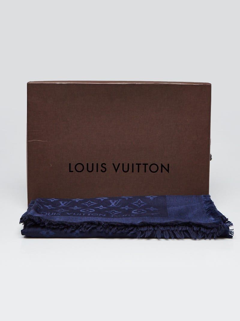 Louis Vuitton Navy Blue Monogram Silk/Wool Shawl Scarf - Yoogi's Closet