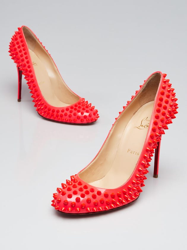 Christian Louboutin Fluo Orange Patent Leather Fifi Spikes 100 Pumps Size 10/40.5