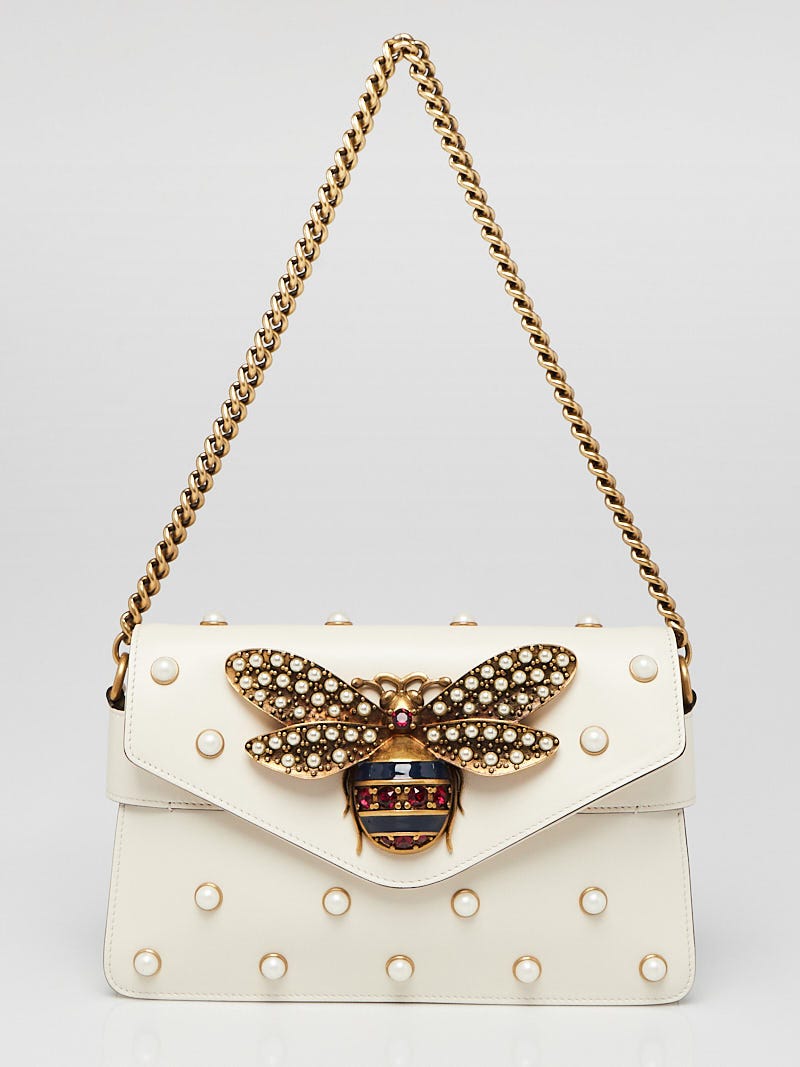 Gucci White Leather Pearl Studded Mini Broadway Bee Shoulder Bag - Yoogi's  Closet