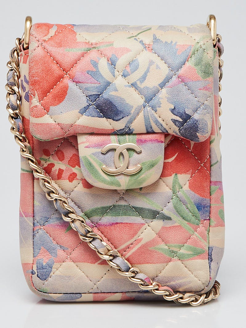 Chanel Pink Multicolor Floral Print Quilted Lambskin Leather Mini Smart  Phone Holder Bag - Yoogi's Closet
