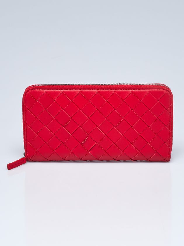 Bottega Veneta Bright Red/Rose Nappa Leather Large Intrecciato Woven Leather Zip Around Wallet
