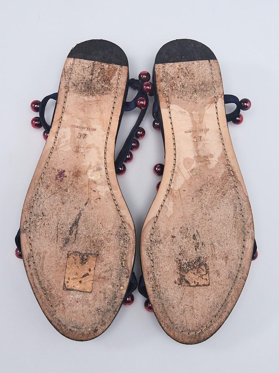 Christian Dior Navy Blue Satin Beaded Sandals Size 6.5/37