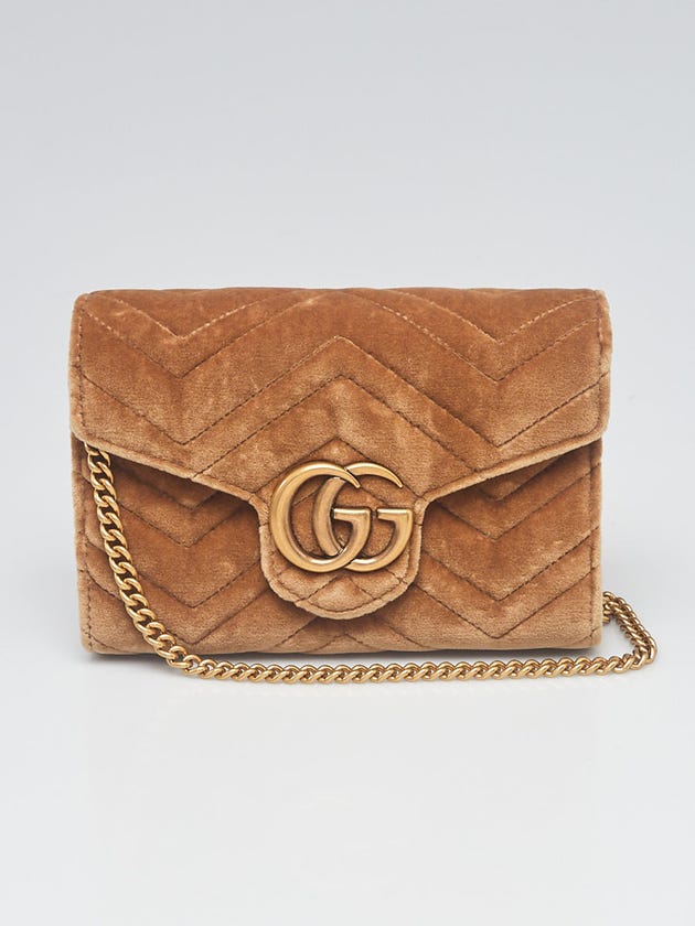 Gucci Brown Quilted Velvet GG Marmont Mini Chain Wallet Clutch Bag